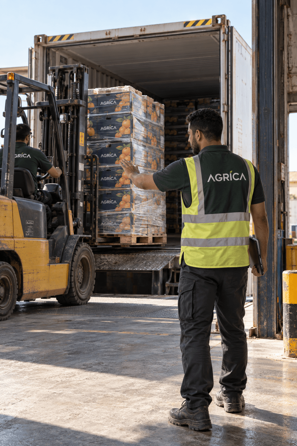 Logistics officer signaling forklift container loading at export dock