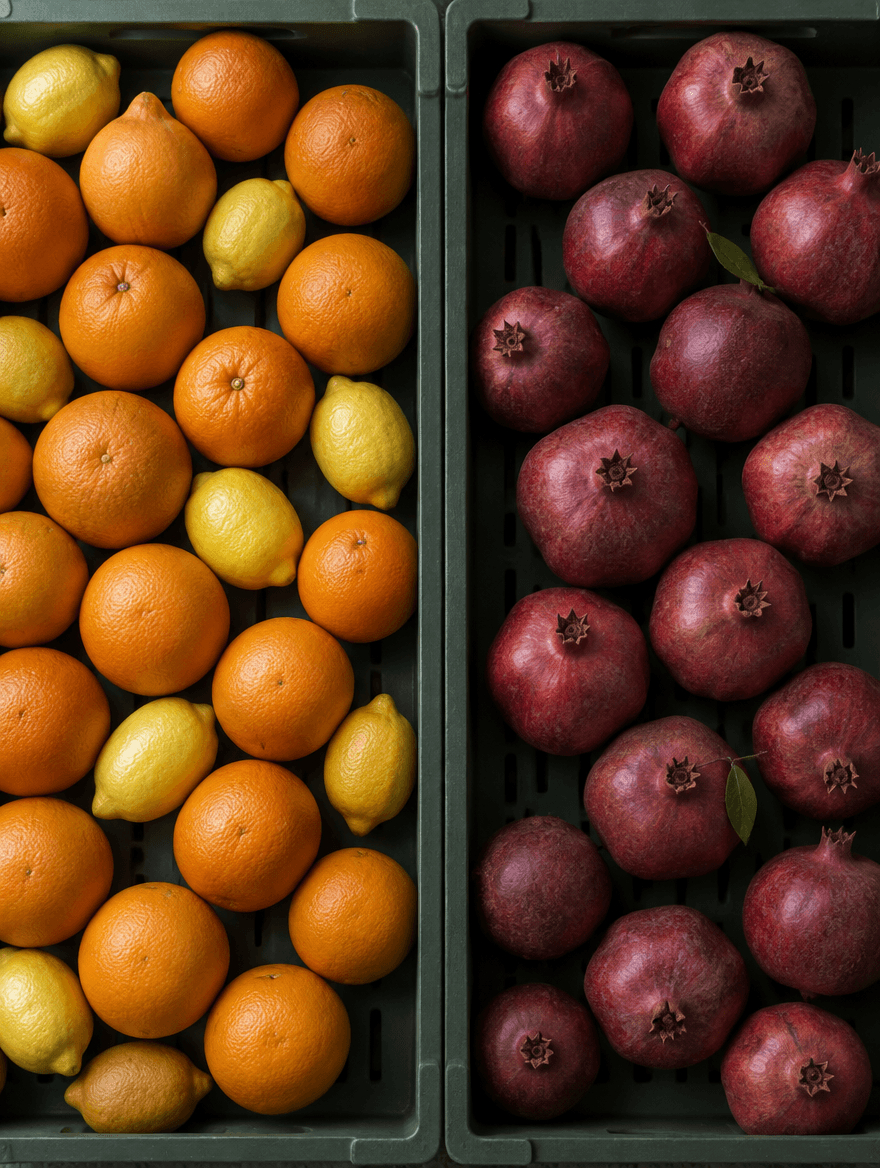 Overhead view of oranges and lemons beside pomegranates in olive-green harvest crates