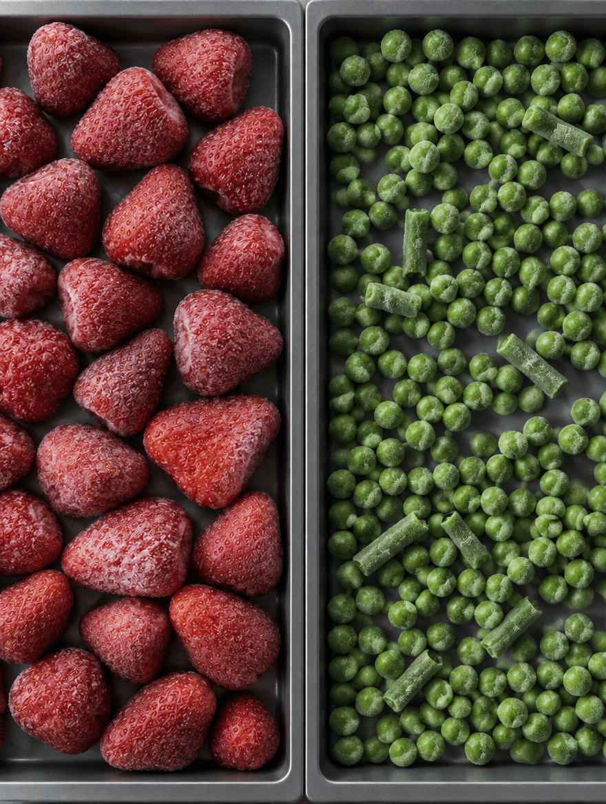 Overhead view of frosted strawberries beside frozen peas and green beans in metal trays