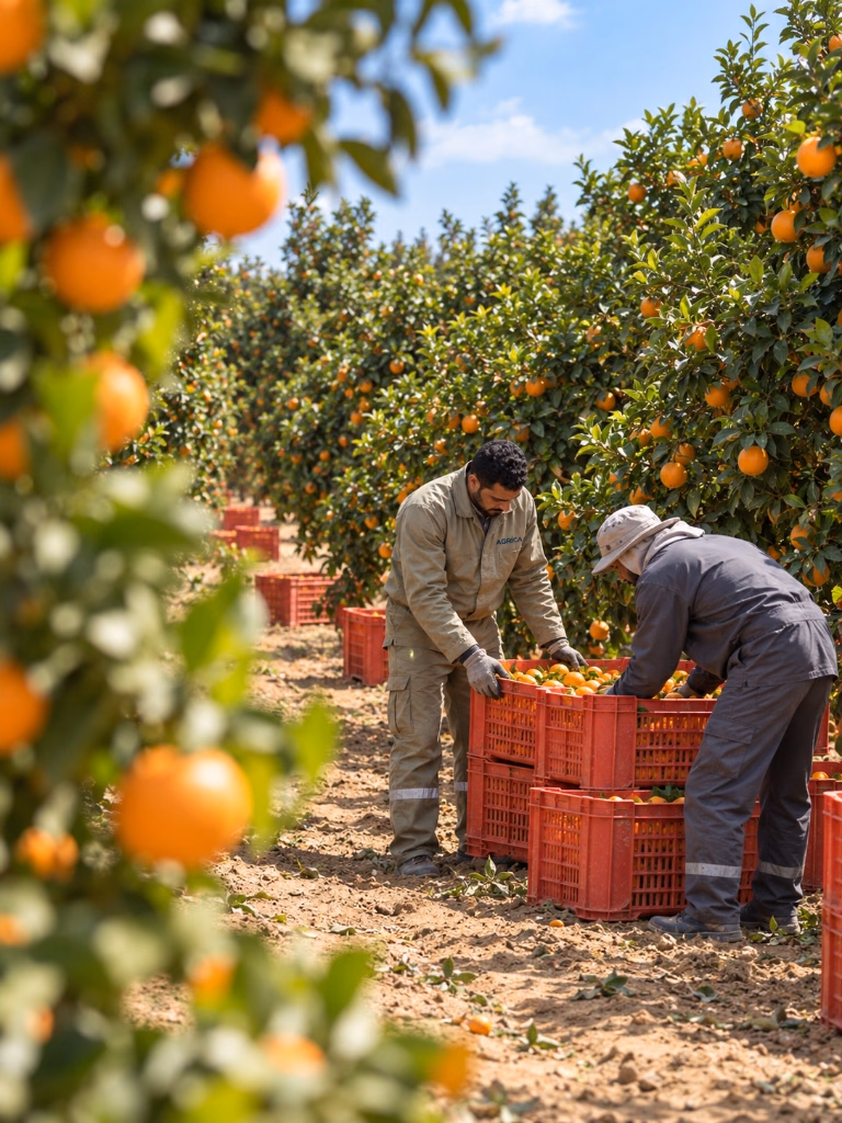 Harvest lead and field workers coordinating orchard crate transfer