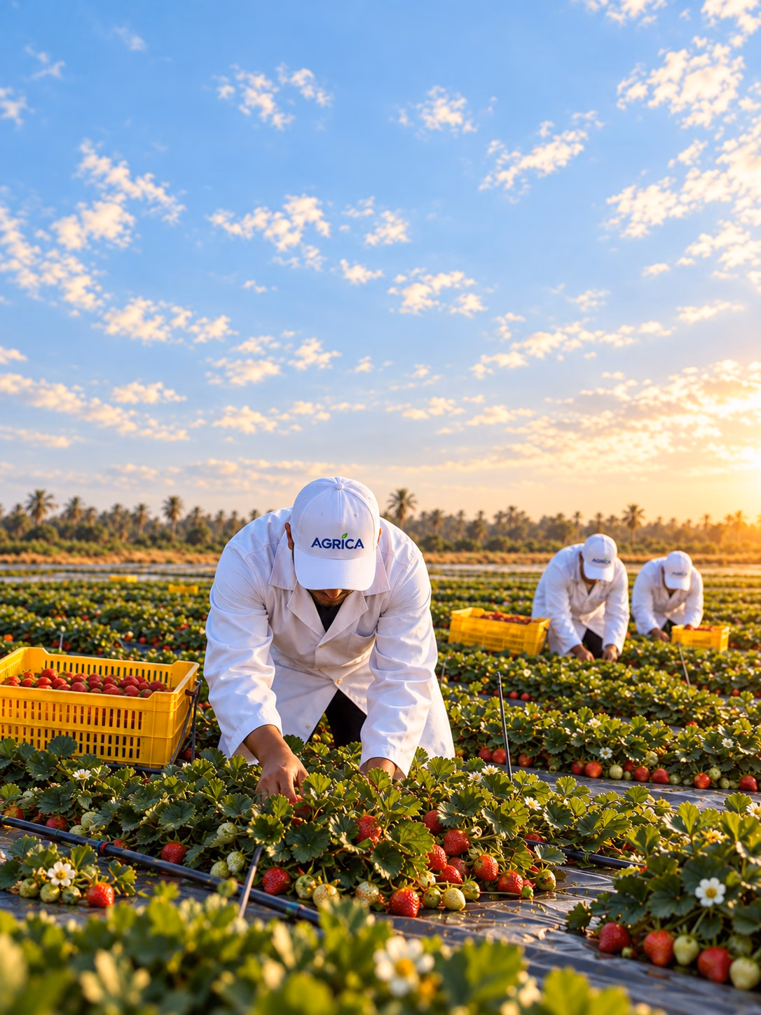 AGRICA field workers harvesting strawberries in golden-hour light